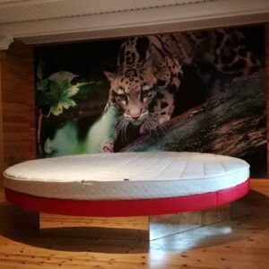 Le lit à eau rond de 200 cm à 270 cm de diamètre, avec un ou deux matelas à eau et son socle octogonal